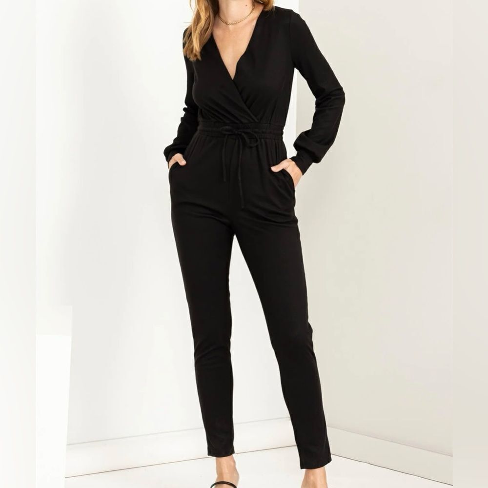 BLACK V-NECK JUMPSUIT by HYFVE, Medium